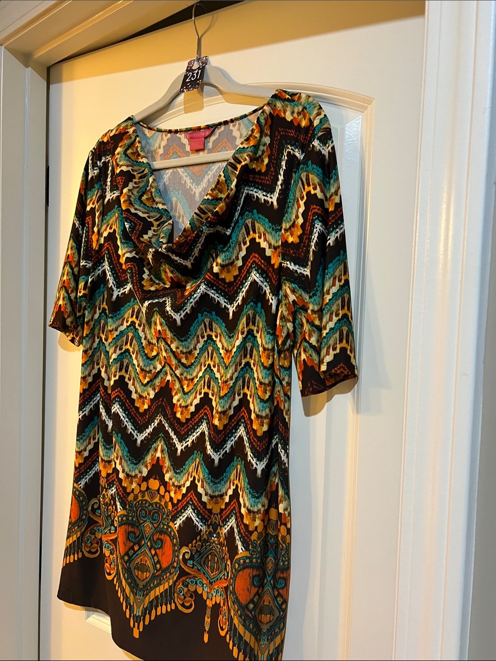 Sunny Leigh Multicolor Cowl Neck Tunic — Teal & Orange Pattern